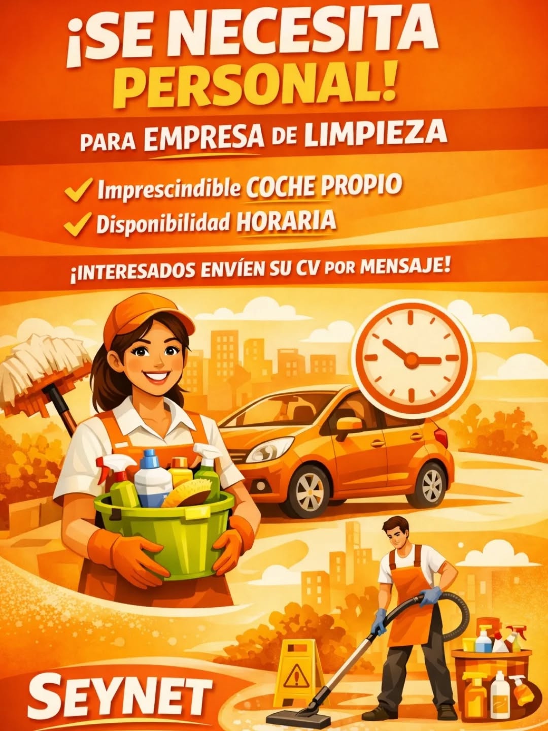 🧹 SEYNET busca personal de limpieza 🧹

📌 Requisitos imprescindibles:
✔️ Coche propio
✔️ Disponibilidad horaria

📩 Si estás interesado/a, envíanos tu CV a seynetamposta@gmail.com .

¡Te esperamos para formar parte de nuestro equipo! 🧡